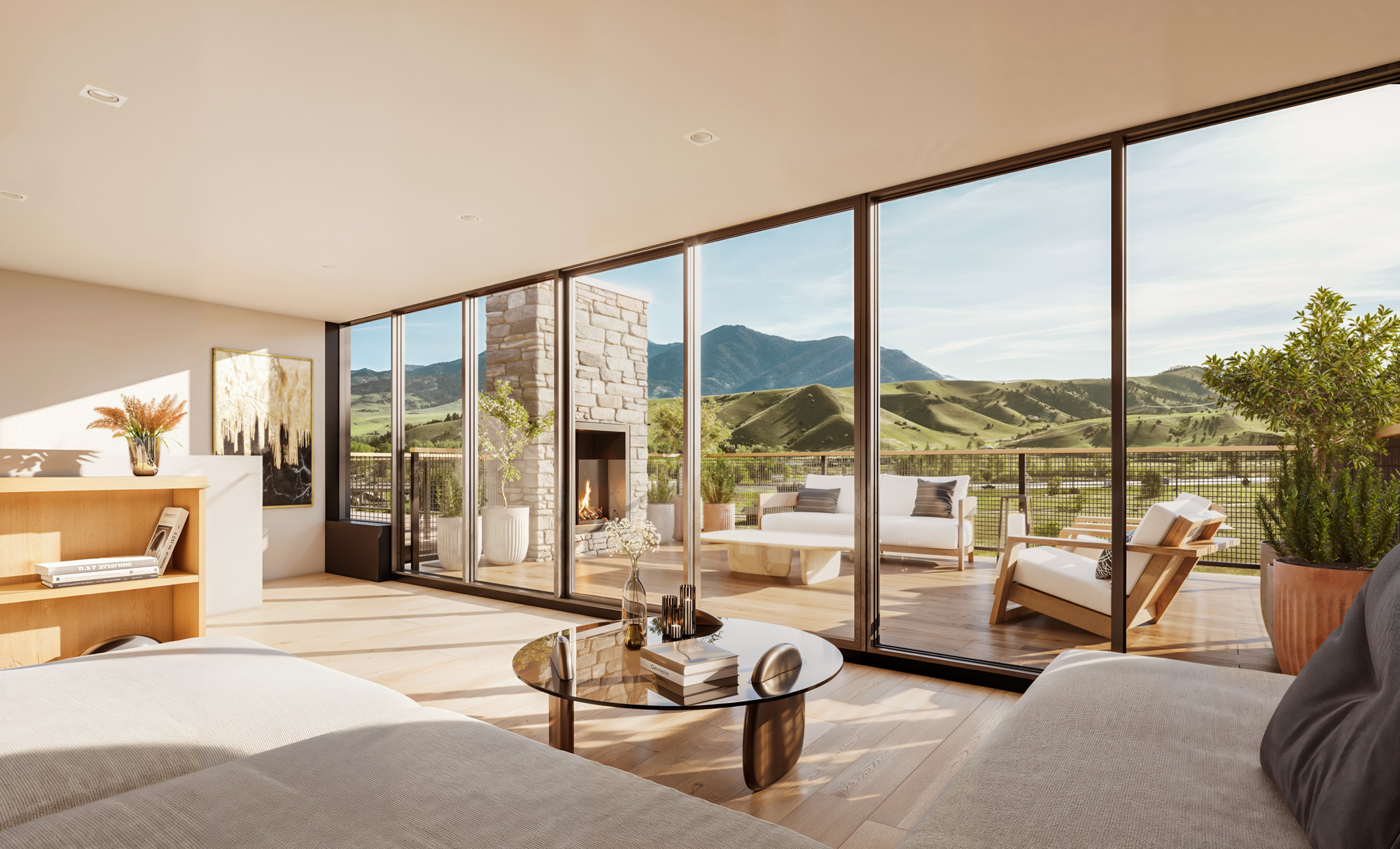 rendering of condo living room with wall of floor to ceiling windows next to outdoor patio with seating area and fireplace