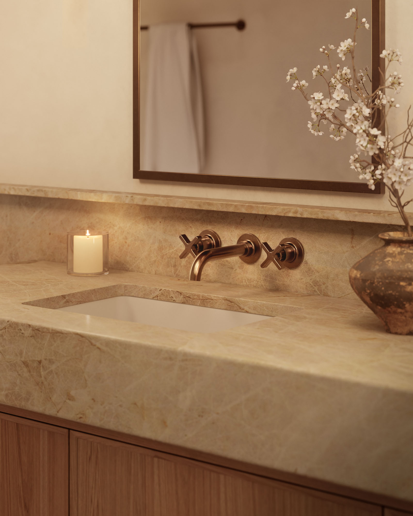 rendering of stone vanity and large sink in a condo bathroom
