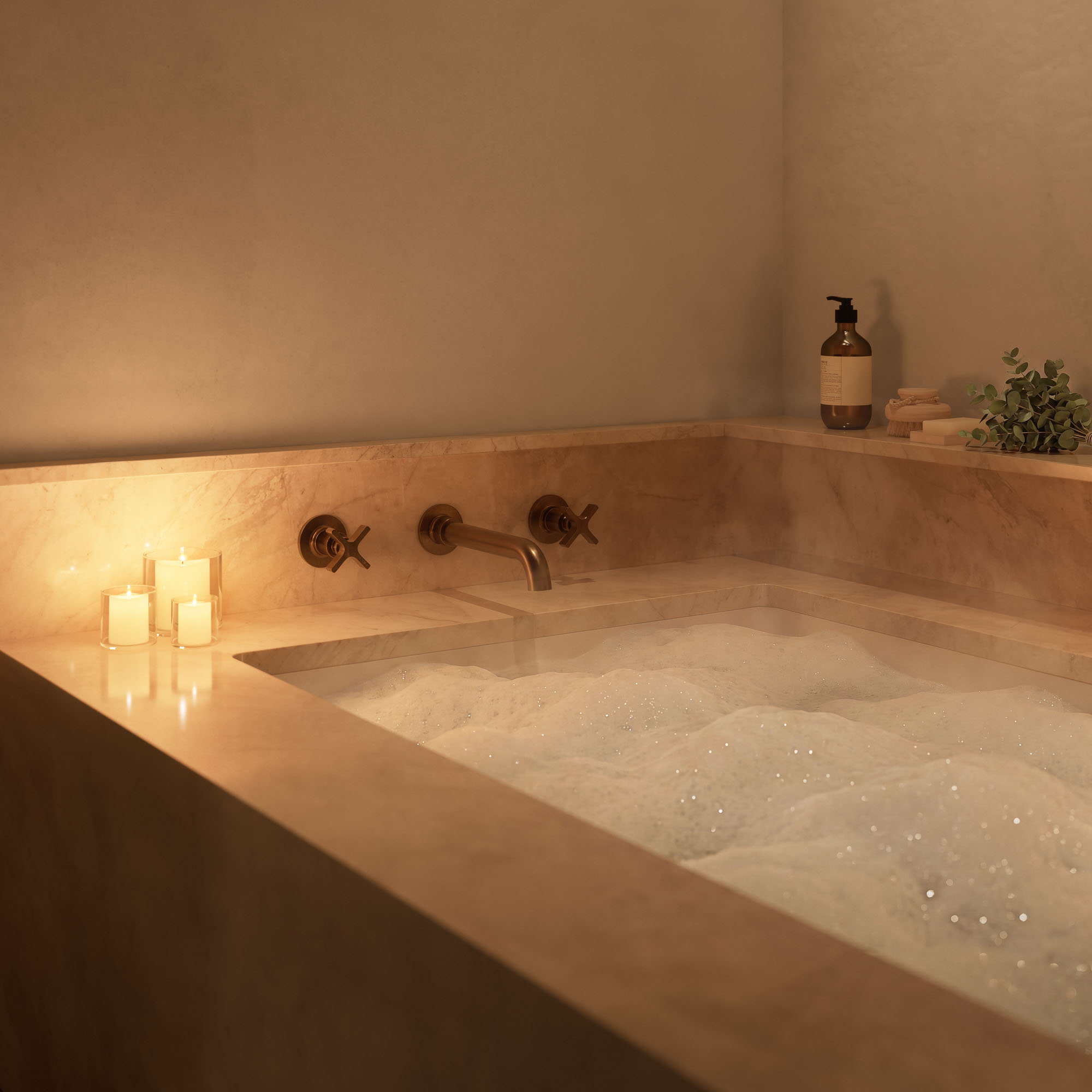 rendering of a bubble bath in a tub with candles on the side of the tub