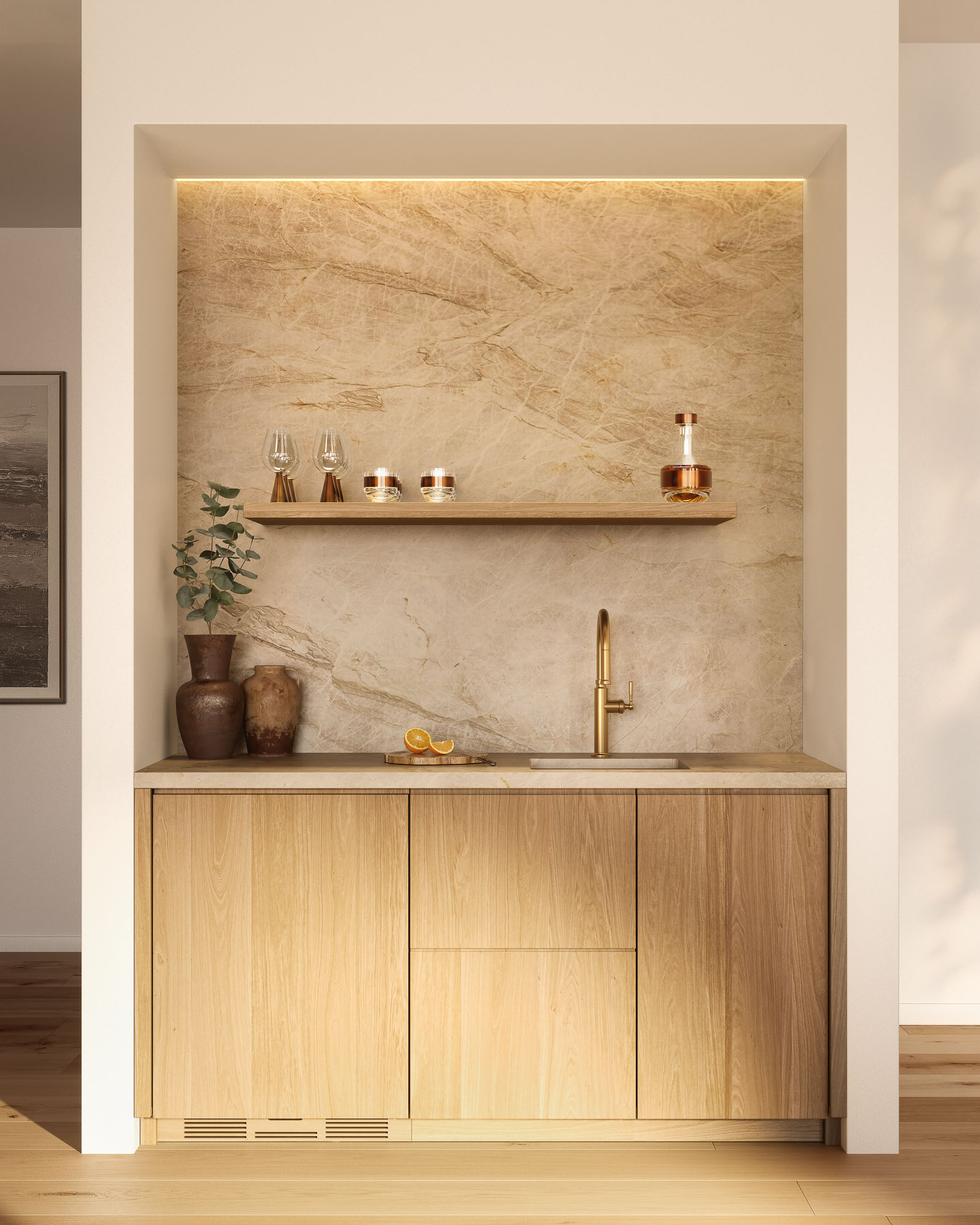 rendering of wet bar in a condo with a full-slab backsplash and floating shelf