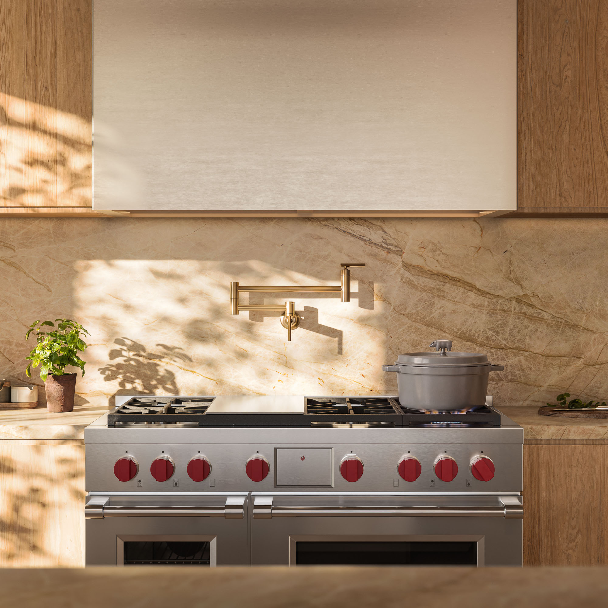 rendering of stainless steel stove with pot filler and full-slab backsplash in a condo kitchen