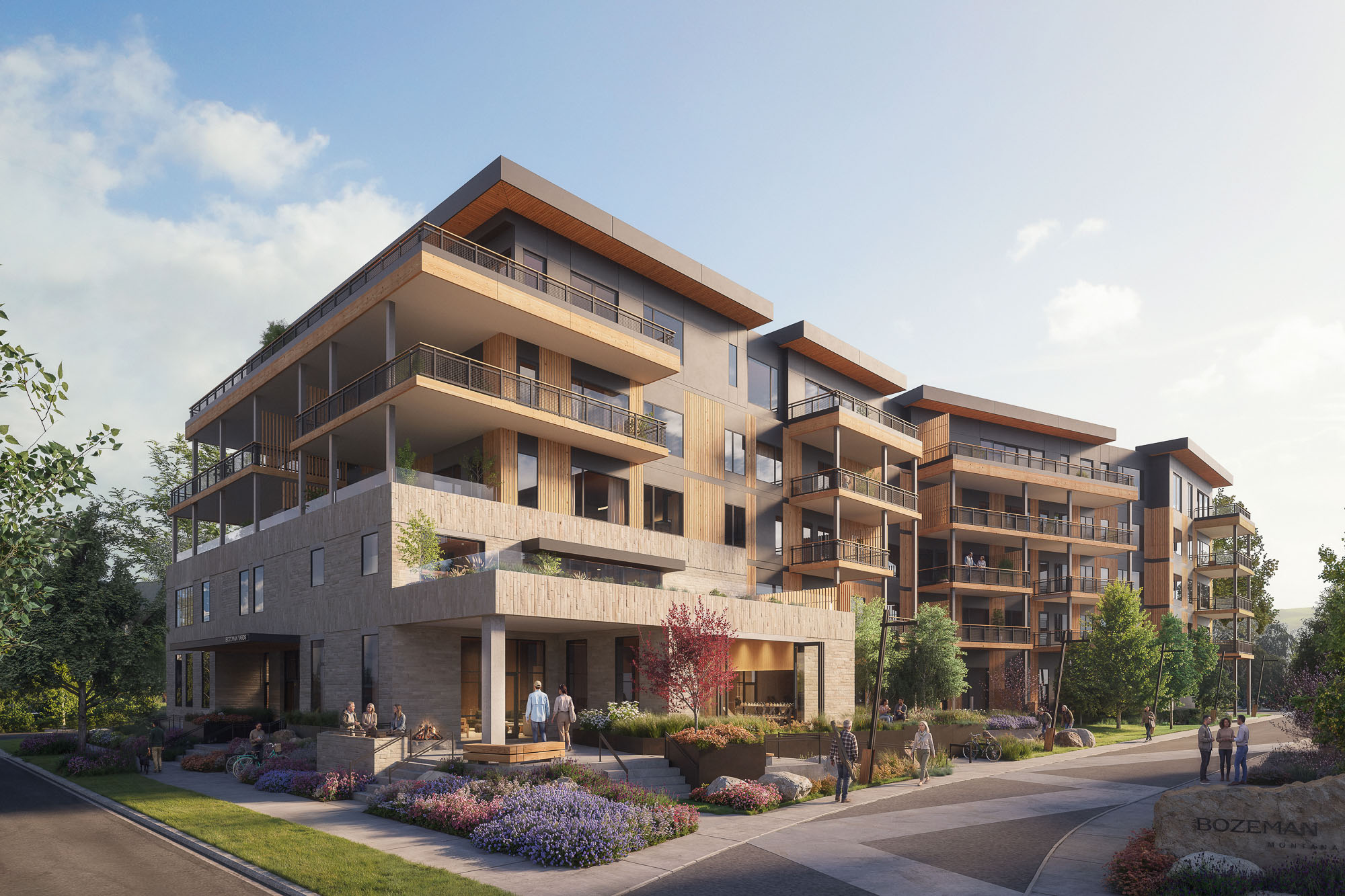 rendering of The Yards Club with people at the entrance and along the walkway