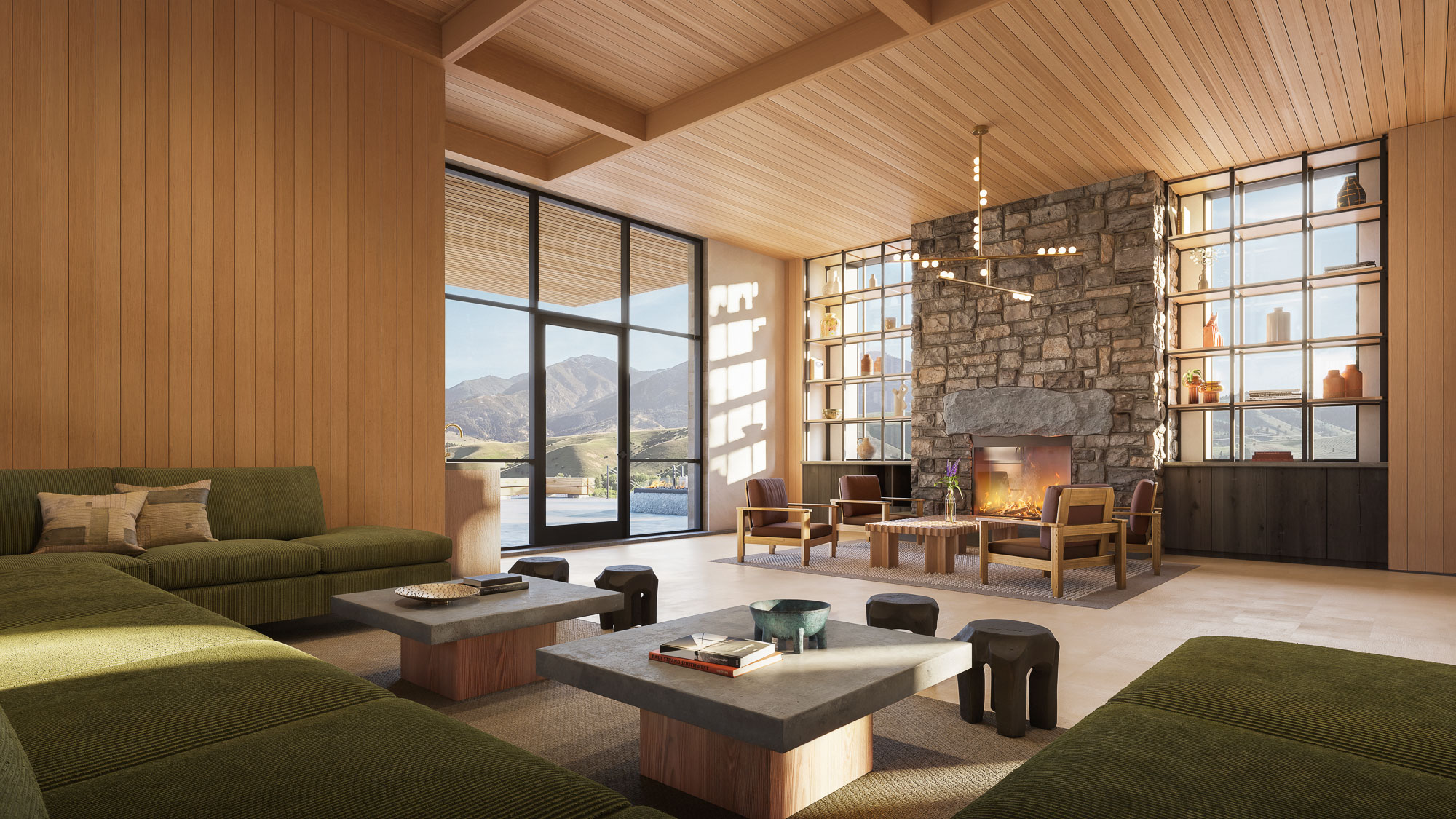 rendering of lobby with green sectional sofa, armchairs by the fireplace and large windows