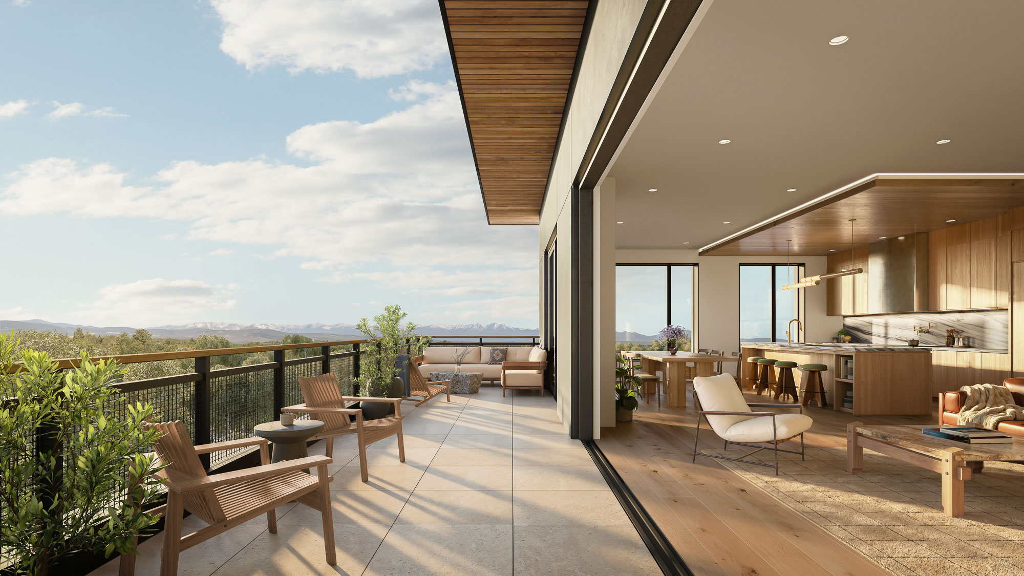rendering of a condo with open concept interior with pocket doors opening to terrace overlooking the mountains