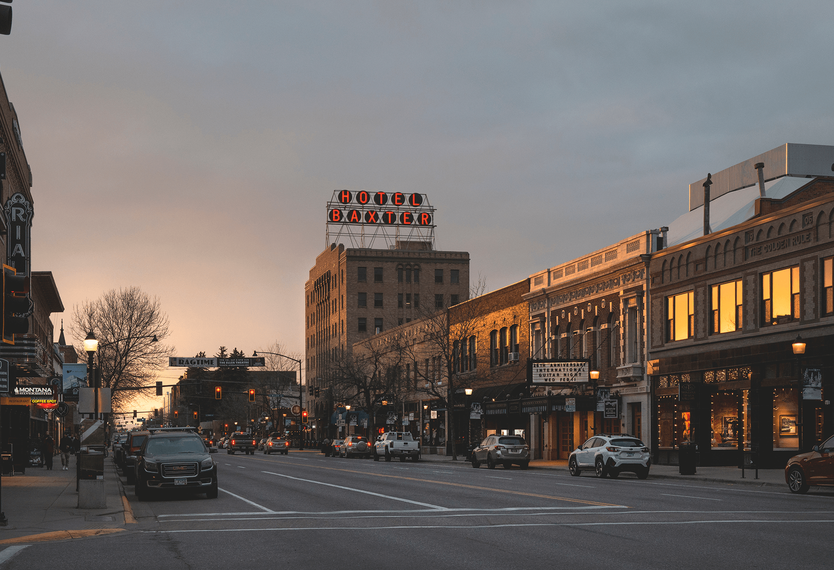street level view of Main Street in Bozeman, Montana at dusk