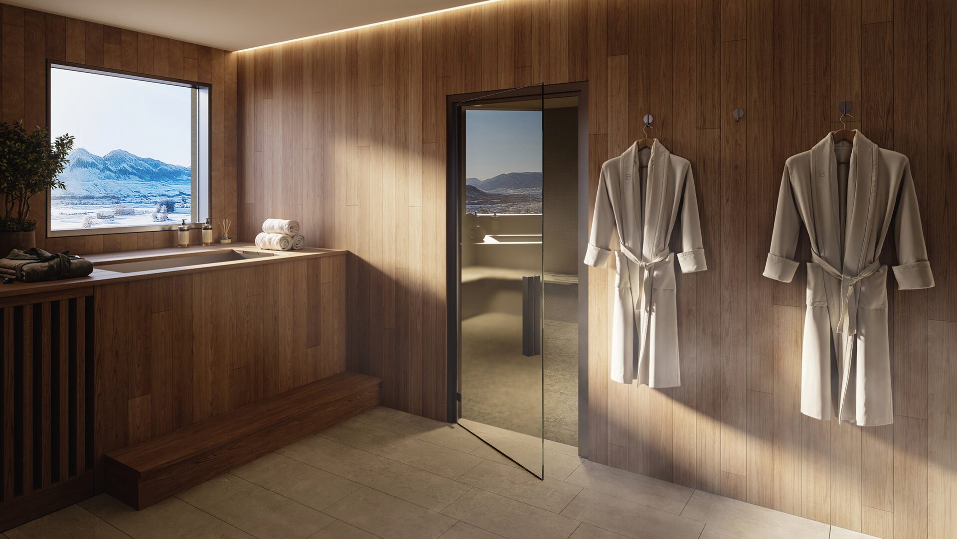 rendering of treatment room at The Yards Spa with two white robes hanging on the wall