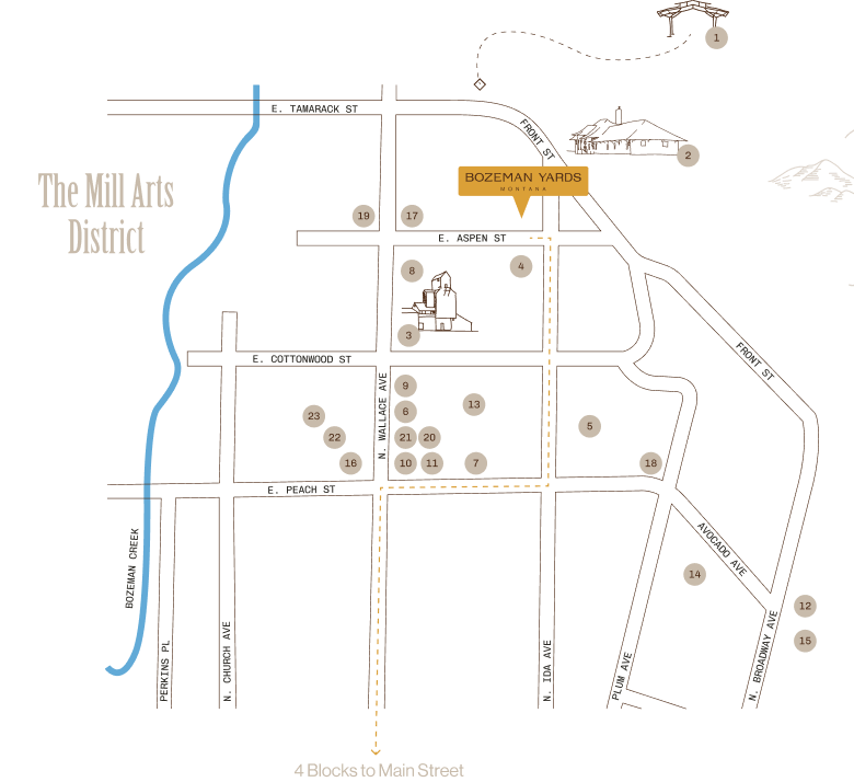 map showing the location of Bozeman Yards in the Mill Arts District neighborhood